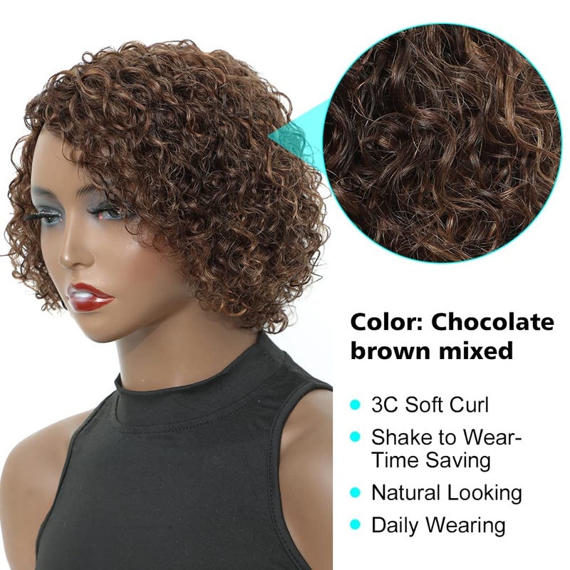 UDU Short Curly Human Hair Wigs For Black Women with Bangs Highlighted Brown Mixed Color Non Lace Glueless Piano Colored Side Part (P 4/30) - Image 4